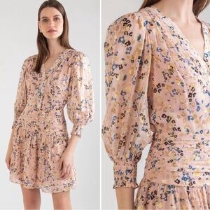 Shoshanna Pink and Gold Metallic Floral Rayon Puff Sleeve Monte Dress Size 8
